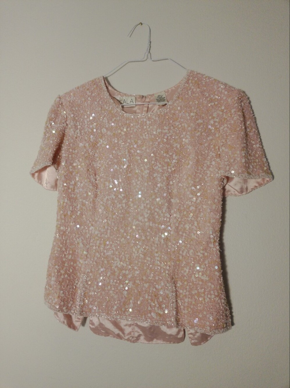 Scala Blush Pink Iridescent Sequin Short Sleeve Evening Top